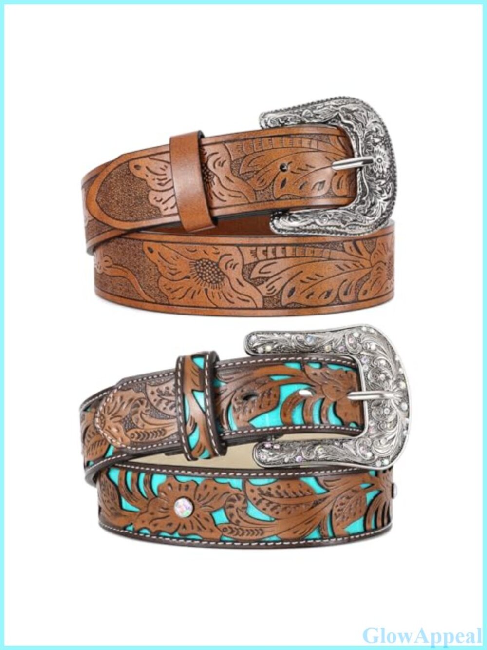 2 Pack Faux Leather Western Belts Big Silver Buckle Vintage Carved Pattern